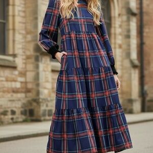 Sugarlips Navy and Red Plaid Long Sleeve Dress